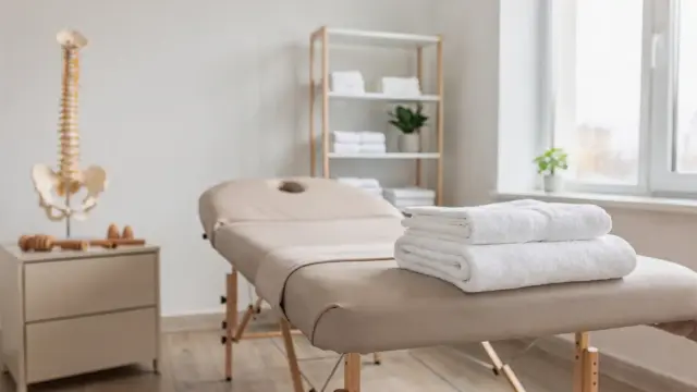 Osteopathie-Placebo-Vergleich in einer hellen Behandlungsumgebung mit Therapieliege und Anatomiemodell