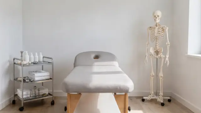 Osteopathie-Behandlungsraum mit Liege und Anatomiemodell zum Thema Beschwerden, die von Osteopathie profitieren