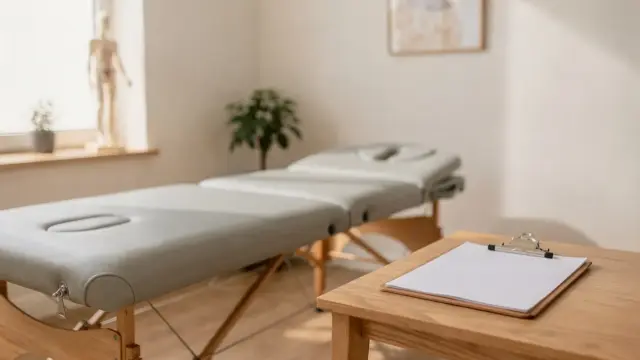 Behandlungsraum mit Liege und Modell zur Osteopathie bei Anzeichen und Warnzeichen