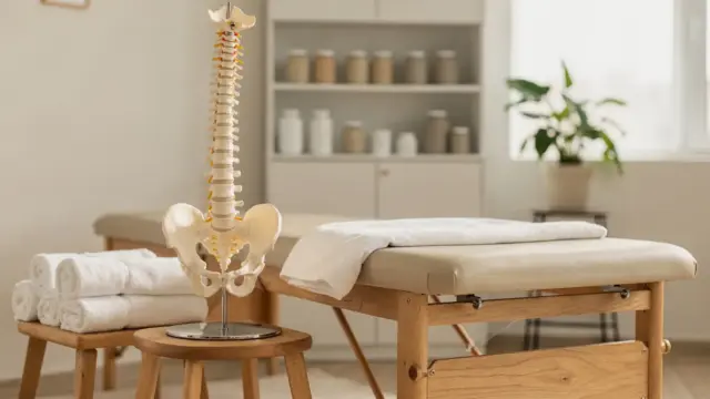 Osteopathie-Behandlungsraum mit Liege und Wirbelsäulenmodell zur Geschichte der Osteopathie